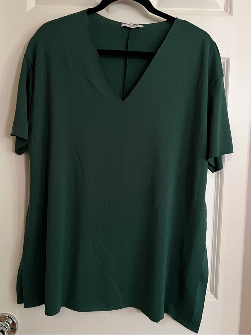 Zara Forest Green V-Neck Short-Sleeve Blouse